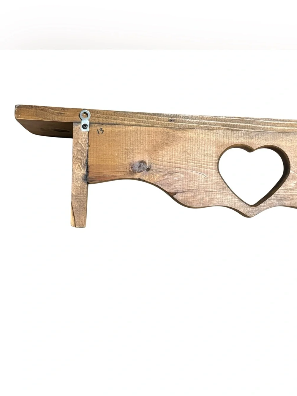 Vintage Rustic Wooden Wall Shelf With A Prominent Heart-Shape Cutout 4 Peg Hooks